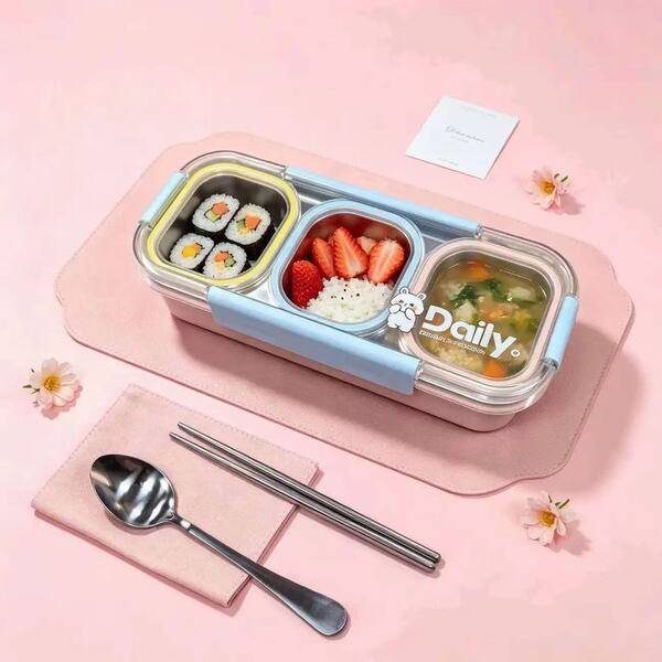 Pink 304 stainless steel [three-compartment lunch box with lid] + stainless steel spoons and chopsticks