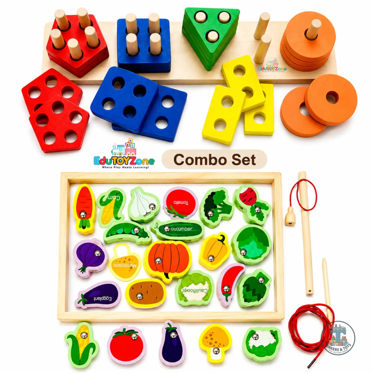 Vegetables Lacing, Fishing & Shape Sorting - Combo Set