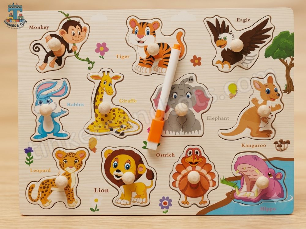 Wooden pin board  (animals) with Whiteboard and marker